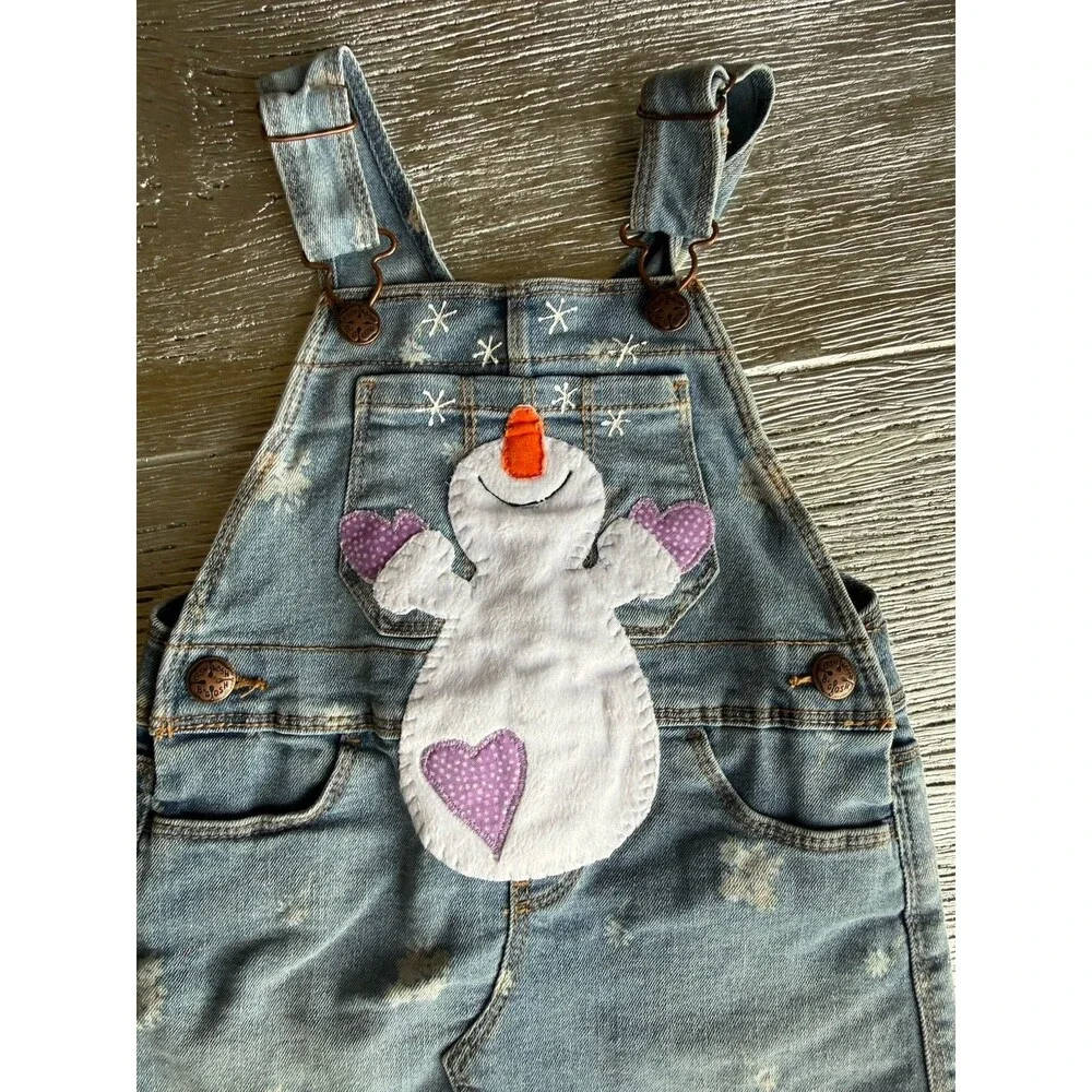 OshKosh B’gosh Girls 3T Denim Snowman Overall Jumper Dress Winter Applique